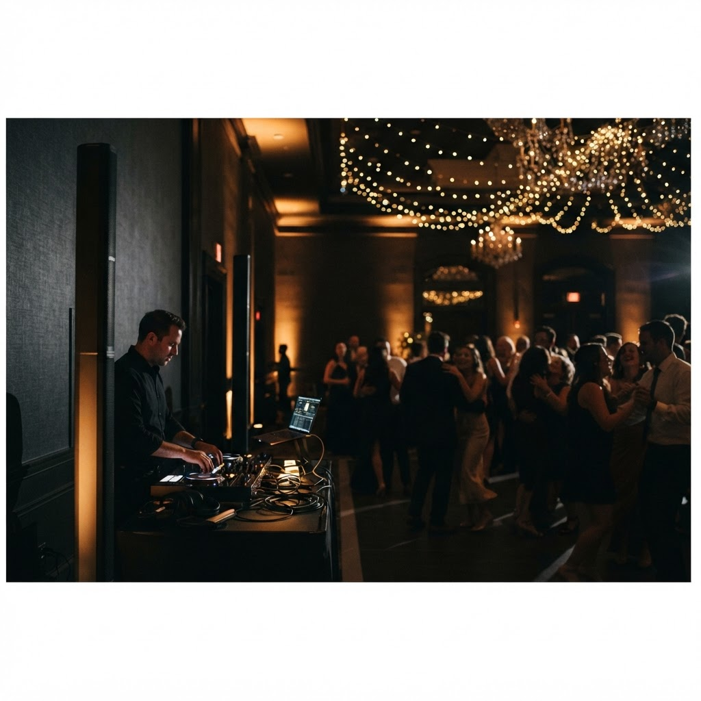 Elegant wedding reception at night with warm gold uplighting and a sleek DJ setup